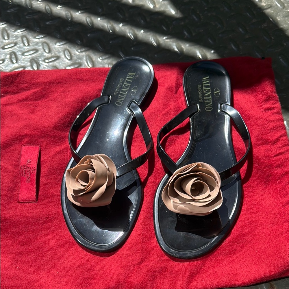Valentino Women's Black Sandals with Brown Floral Accent